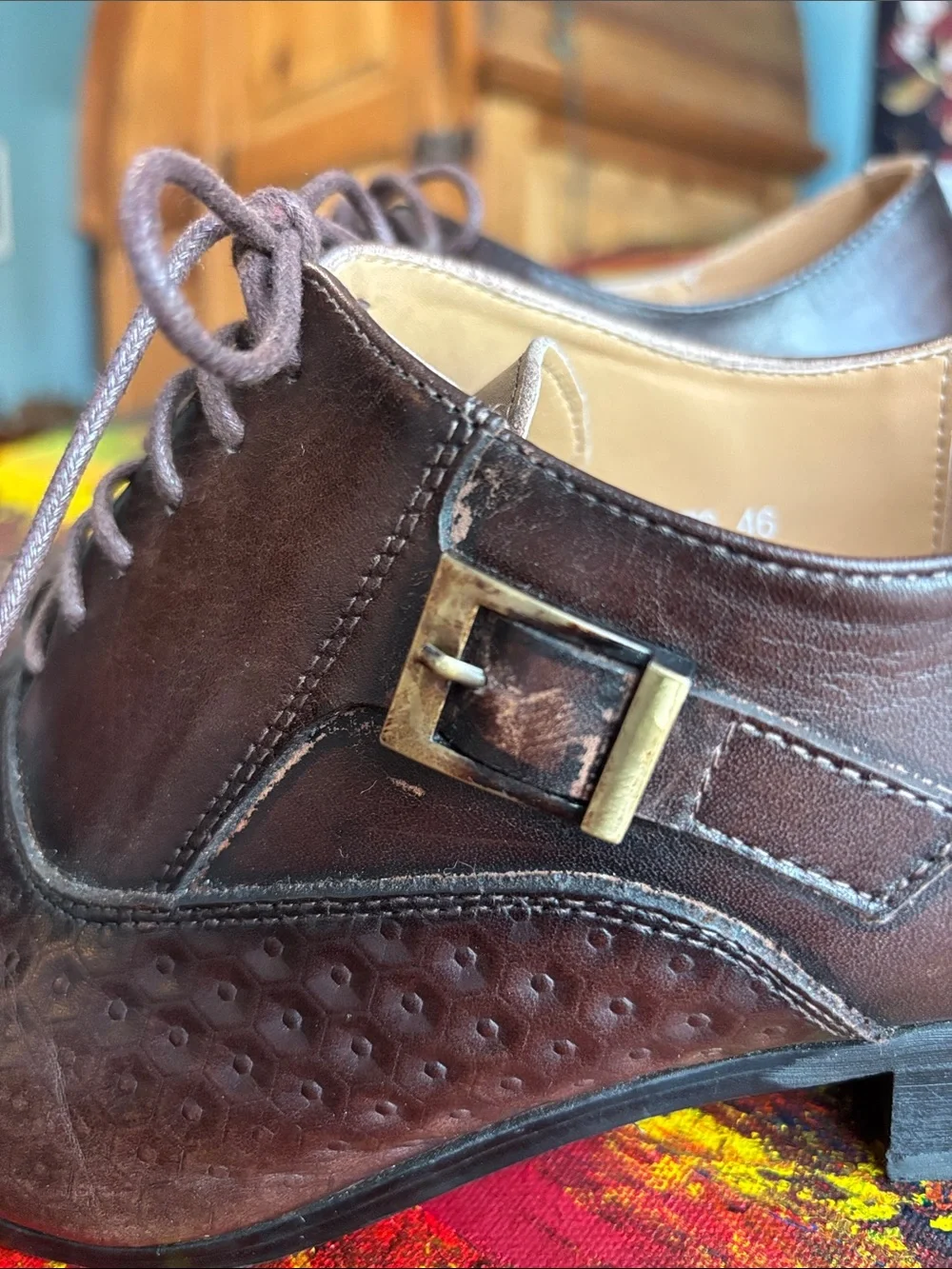 Felix Chu Men's Brown Leather Lace-Up Geometric Hexagon Embossed Oxfords F87-76
